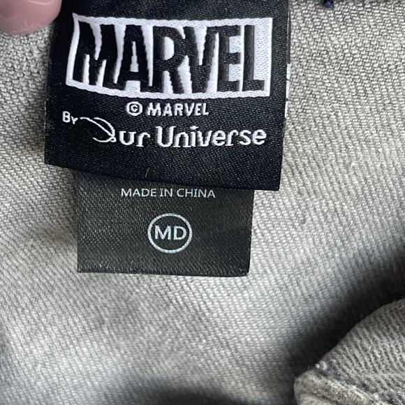 Marvel Mens Jean Jacket Medium Button Up AOP Logo Gray Denim Superhero Movies - Picture 5 of 10